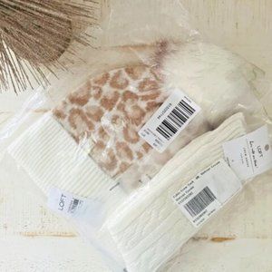 COPY - Loft Knit Cream/Tan Cheetah Hat with Faux Fur Poof with Matching Crew So…